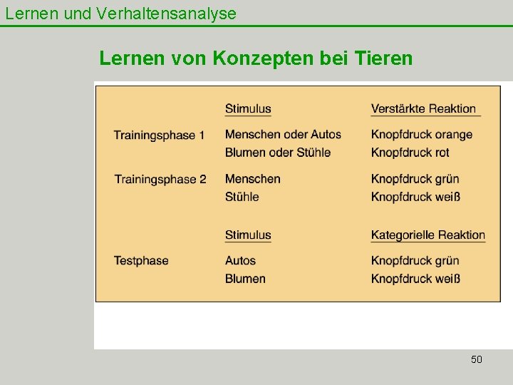 Lernen und Verhaltensanalyse Lernen von Konzepten bei Tieren 50 Lernen und Verhaltensanalyse Lernen von Konzepten bei Tieren 50