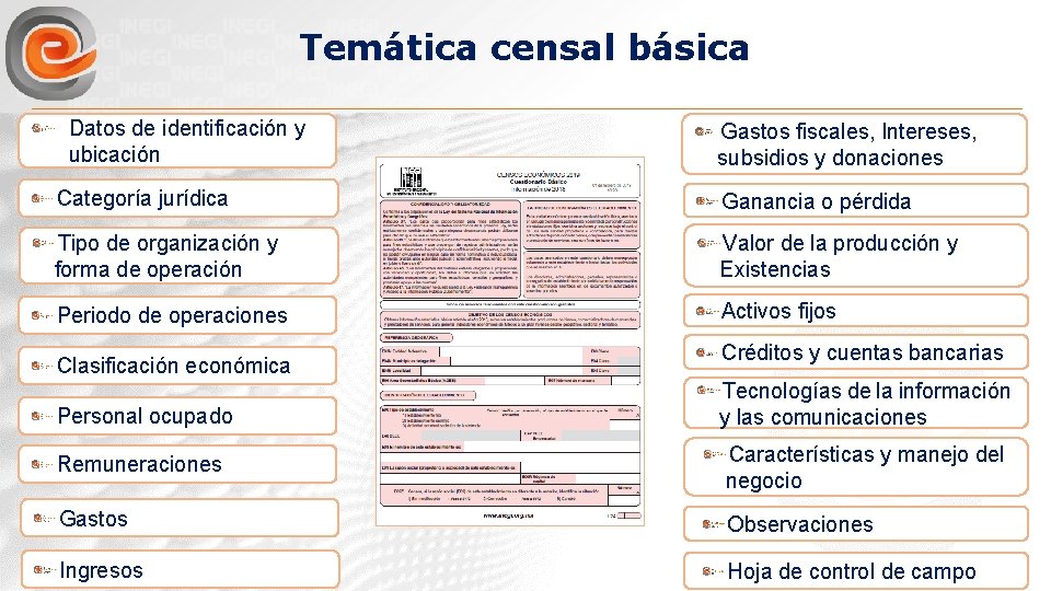 Temática censal básica Datos de identificación y ubicación Gastos fiscales, Intereses, subsidios y donaciones Temática censal básica Datos de identificación y ubicación Gastos fiscales, Intereses, subsidios y donaciones
