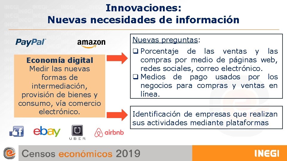 Innovaciones: Nuevas necesidades de información Nuevas preguntas: Economía digital Medir las nuevas formas de Innovaciones: Nuevas necesidades de información Nuevas preguntas: Economía digital Medir las nuevas formas de