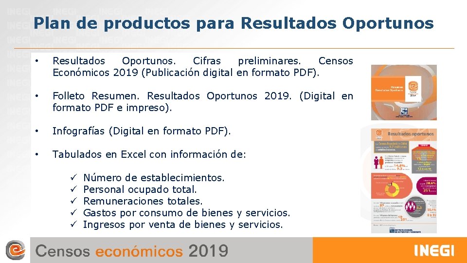 Plan de productos para Resultados Oportunos • Resultados Oportunos. Cifras preliminares. Censos Económicos 2019 Plan de productos para Resultados Oportunos • Resultados Oportunos. Cifras preliminares. Censos Económicos 2019