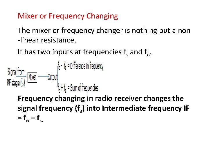 Mixer or Frequency Changing The mixer or frequency changer is nothing but a non