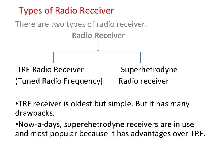 Types of Radio Receiver There are two types of radio receiver. Radio Receiver TRF
