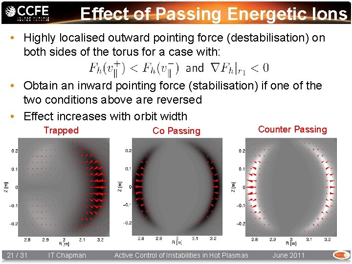 Effect of Passing Energetic Ions • Highly localised outward pointing force (destabilisation) on both