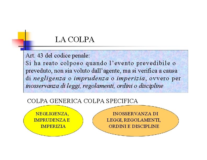 LA COLPA Art. 43 del codice penale: Si ha reato colposo quando l’evento prevedibile