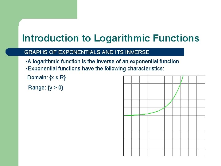 Introduction to Logarithmic Functions GRAPHS OF EXPONENTIALS AND ITS INVERSE • A logarithmic function