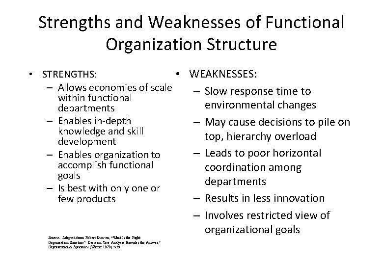 Strengths and Weaknesses of Functional Organization Structure • WEAKNESSES: • STRENGTHS: – Allows economies