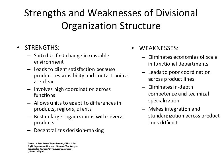 Strengths and Weaknesses of Divisional Organization Structure • STRENGTHS: – Suited to fast change