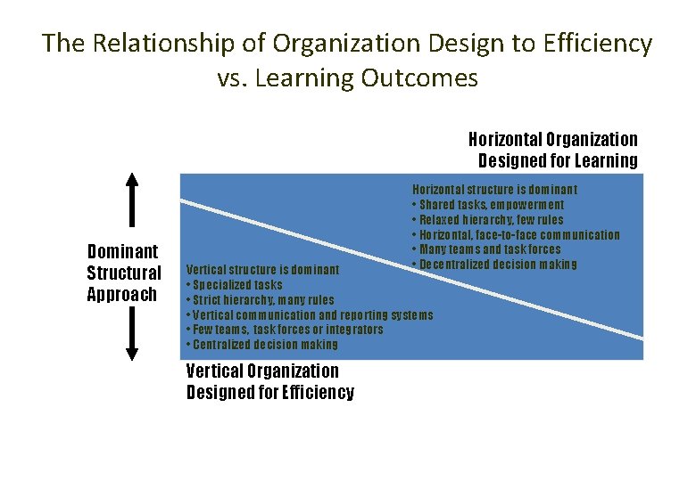 The Relationship of Organization Design to Efficiency vs. Learning Outcomes Horizontal Organization Designed for