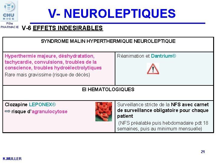 V- NEUROLEPTIQUES Pôle PHARMACIE V-6 EFFETS INDESIRABLES SYNDROME MALIN HYPERTHERMIQUE NEUROLEPTIQUE Hyperthermie majeure, déshydratation,