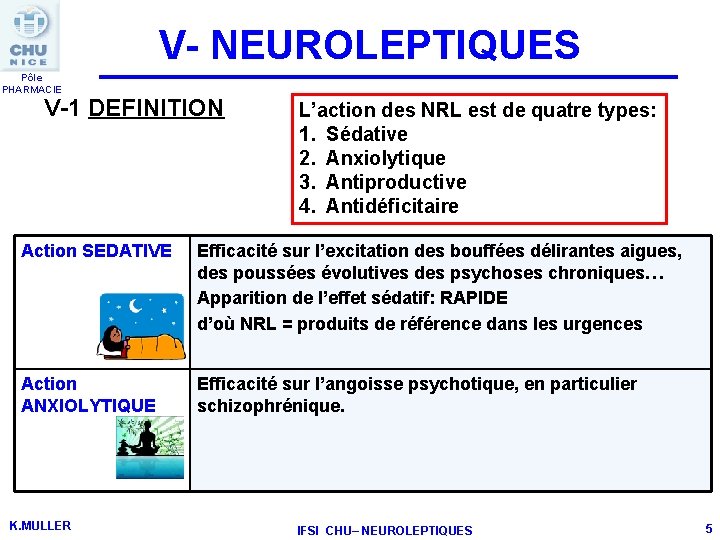 V- NEUROLEPTIQUES Pôle PHARMACIE V-1 DEFINITION L’action des NRL est de quatre types: 1.