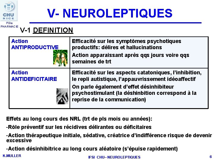 V- NEUROLEPTIQUES Pôle PHARMACIE V-1 DEFINITION Action ANTIPRODUCTIVE Efficacité sur les symptômes psychotiques productifs: