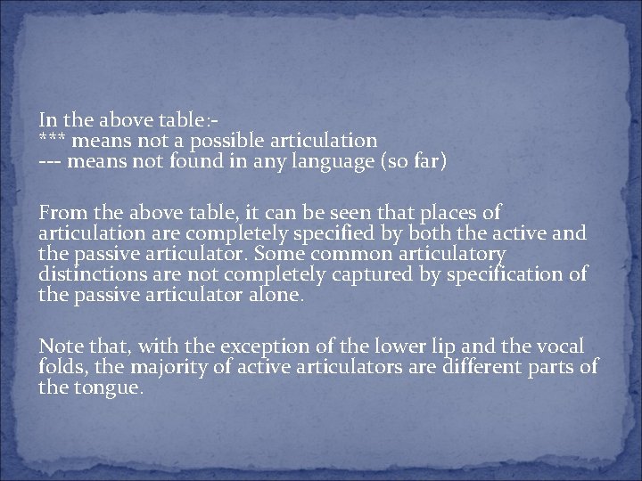 In the above table: *** means not a possible articulation --- means not found In the above table: *** means not a possible articulation --- means not found