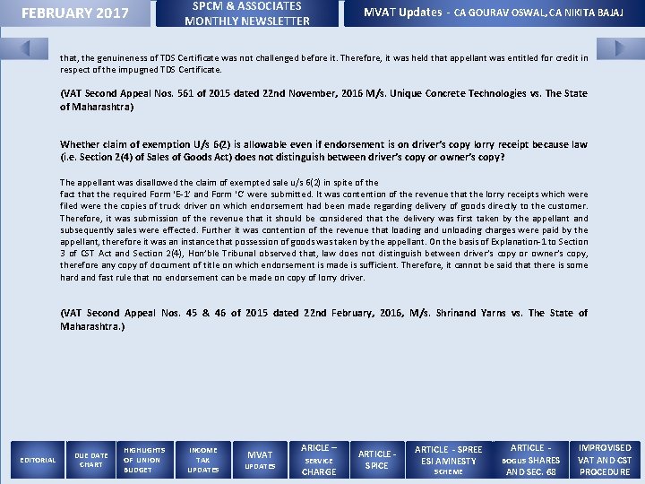 FEBRUARY 2017 SPCM & ASSOCIATES MONTHLY NEWSLETTER MVAT Updates - CA GOURAV OSWAL, CA