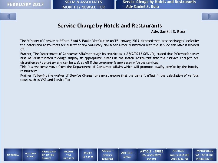 FEBRUARY 2017 SPCM & ASSOCIATES MONTHLY NEWSLETTER Service Charge by Hotels and Restaurants –