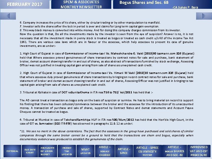 FEBRUARY 2017 SPCM & ASSOCIATES MONTHLY NEWSLETTER Bogus Shares and Sec. 68 - CA