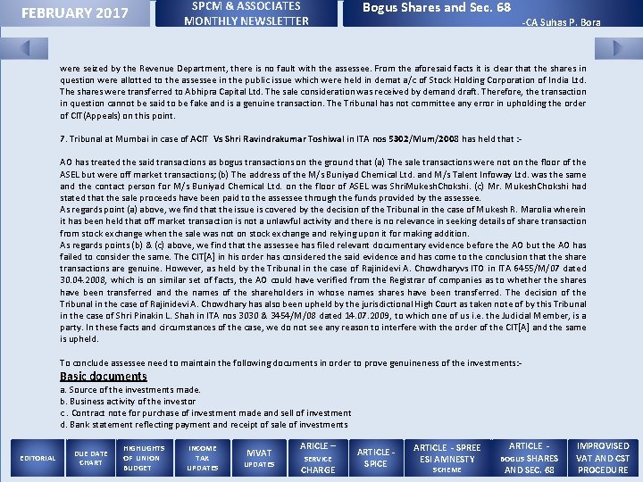 FEBRUARY 2017 SPCM & ASSOCIATES MONTHLY NEWSLETTER Bogus Shares and Sec. 68 - CA