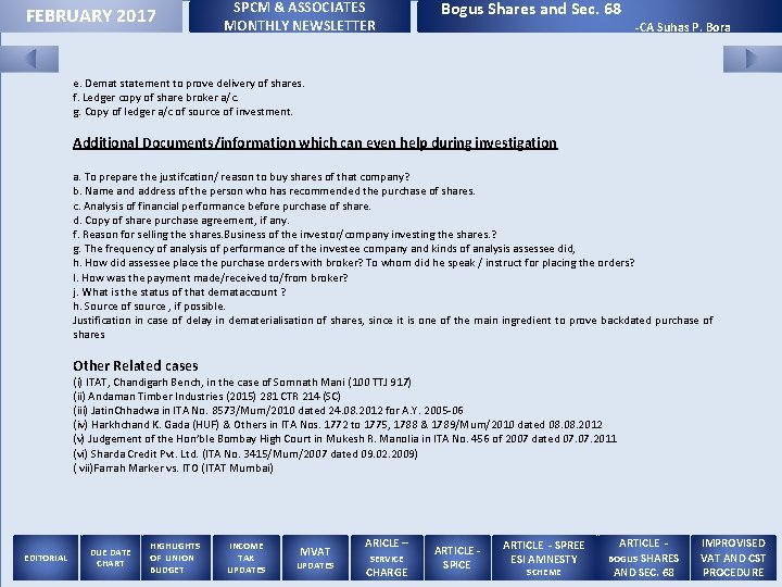 FEBRUARY 2017 SPCM & ASSOCIATES MONTHLY NEWSLETTER Bogus Shares and Sec. 68 - CA