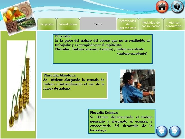 Propósito Introducción Tema Actividades de aprendizaje Actividad de consolidación Plusvalía: Es la parte del