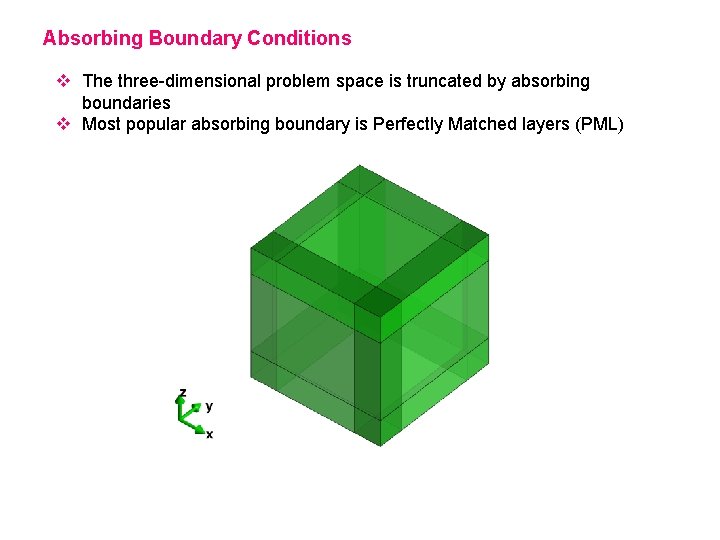 Absorbing Boundary Conditions v The three-dimensional problem space is truncated by absorbing boundaries v