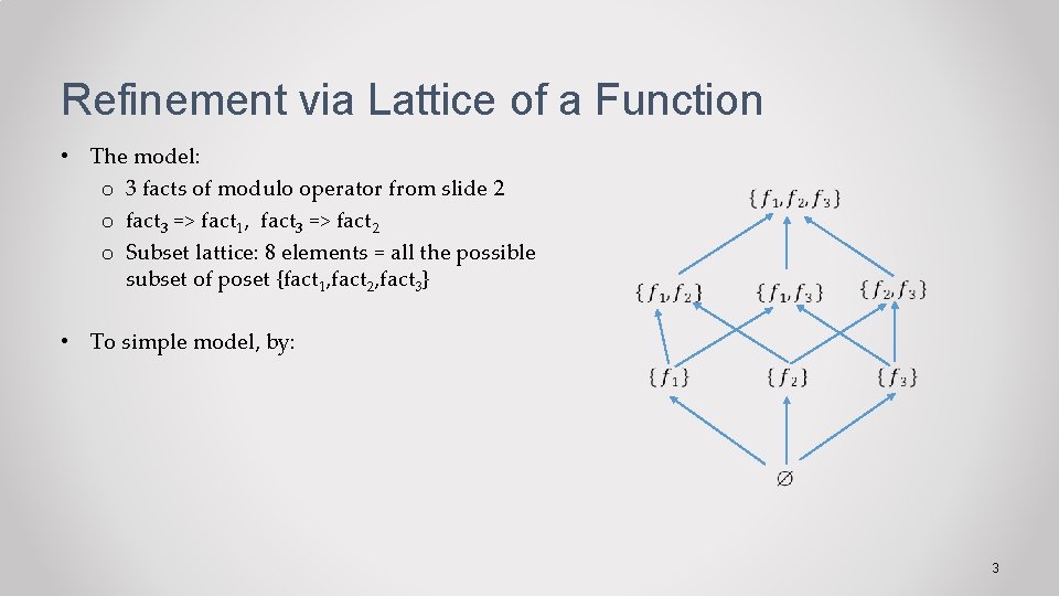 Refinement via Lattice of a Function • The model: o 3 facts of modulo