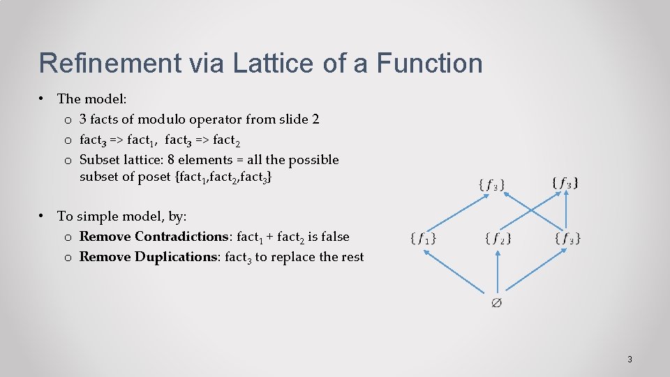 Refinement via Lattice of a Function • The model: o 3 facts of modulo