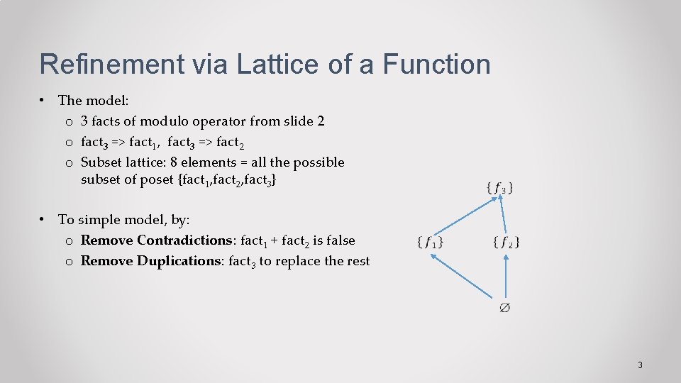 Refinement via Lattice of a Function • The model: o 3 facts of modulo