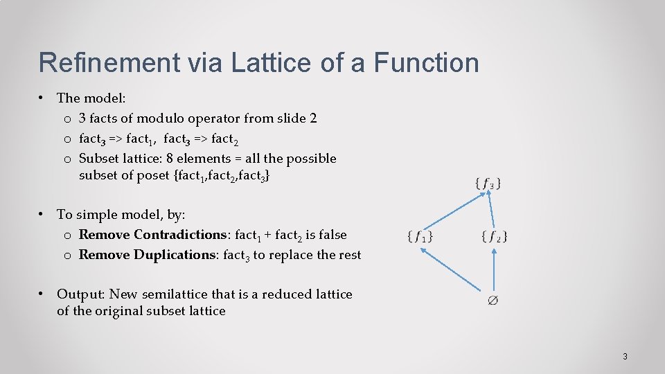 Refinement via Lattice of a Function • The model: o 3 facts of modulo