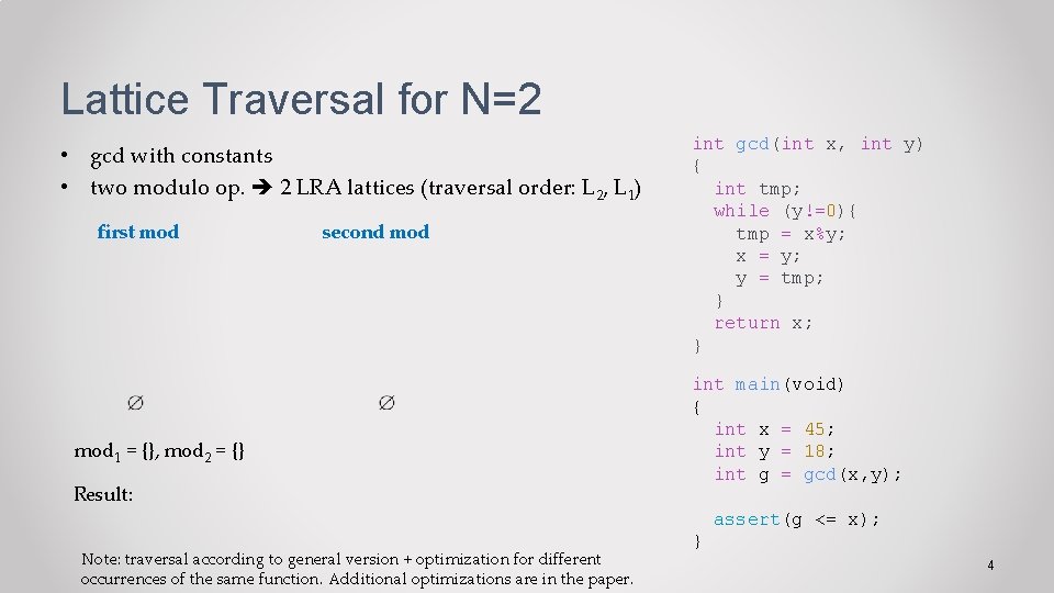 Lattice Traversal for N=2 • gcd with constants • two modulo op. 2 LRA