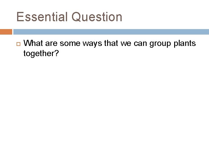 Essential Question What are some ways that we can group plants together? 