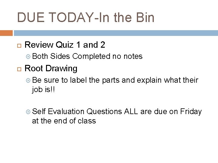DUE TODAY-In the Bin Review Quiz 1 and 2 Both Sides Completed no notes