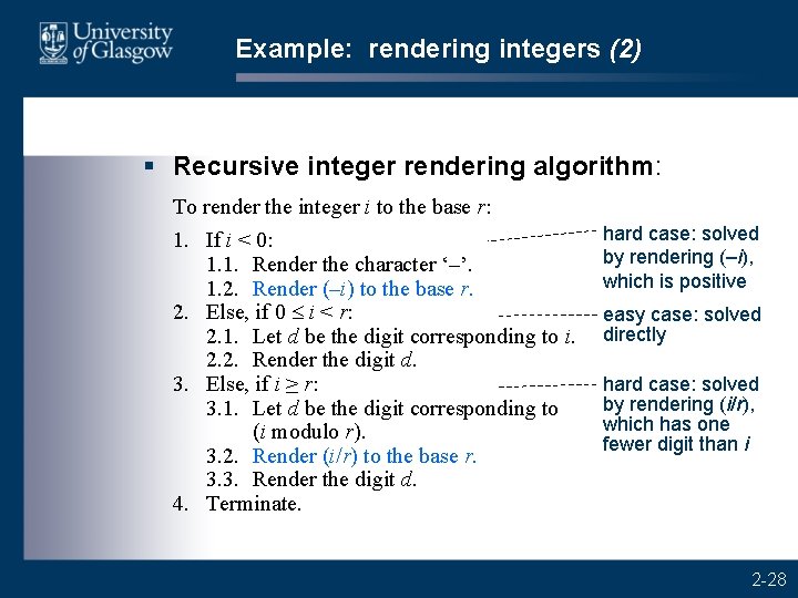 Example: rendering integers (2) § Recursive integer rendering algorithm: To render the integer i