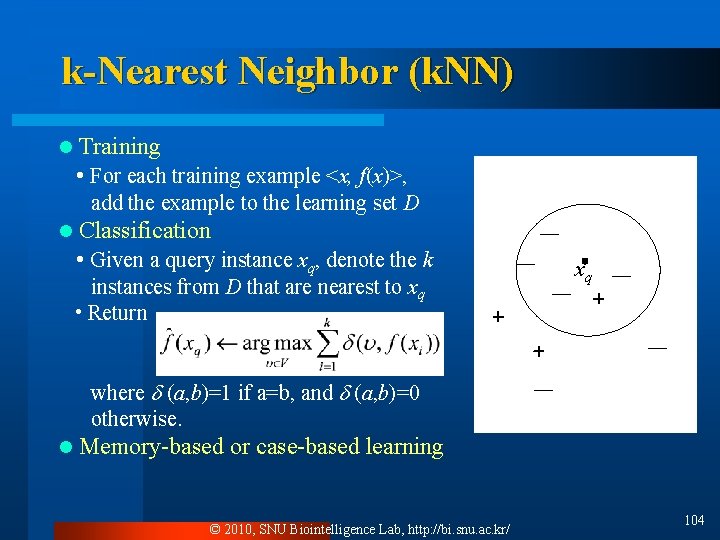 k-Nearest Neighbor (k. NN) l Training • For each training example <x, f(x)>, add