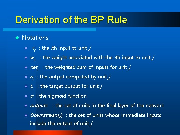 Derivation of the BP Rule l Notations ¨ xij : the ith input to