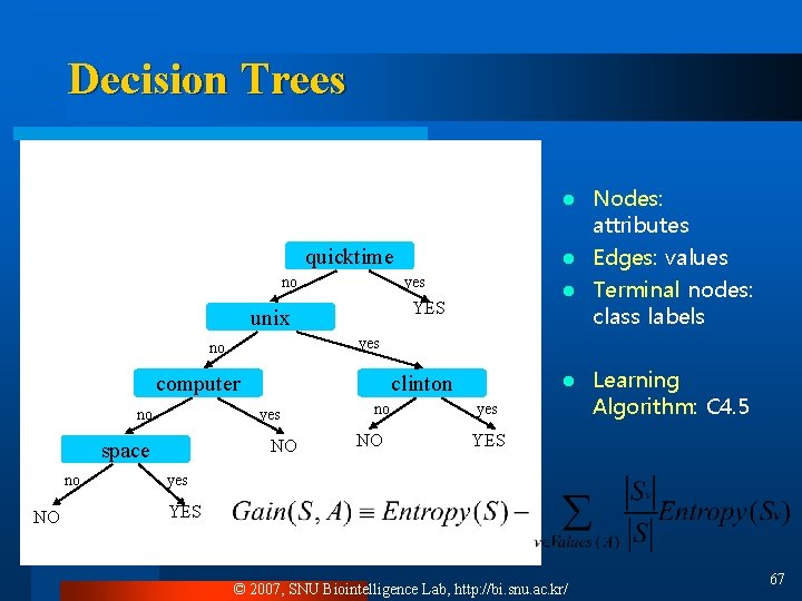 Decision Trees Nodes: attributes l Edges: values l Terminal nodes: class labels l quicktime