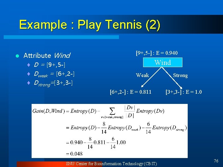 Example : Play Tennis (2) l Attribute Wind ¨ D = [9+, 5 -]