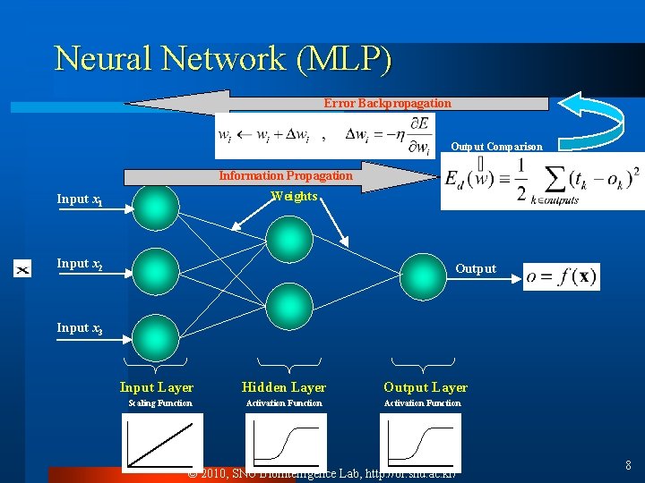 Neural Network (MLP) Error Backpropagation Output Comparison Information Propagation Weights Input x 1 Input