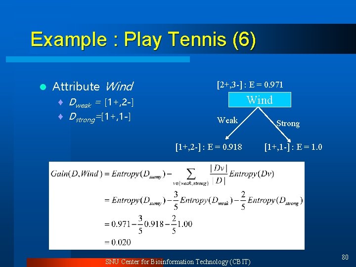 Example : Play Tennis (6) l Attribute Wind ¨ Dweak = [1+, 2 -]