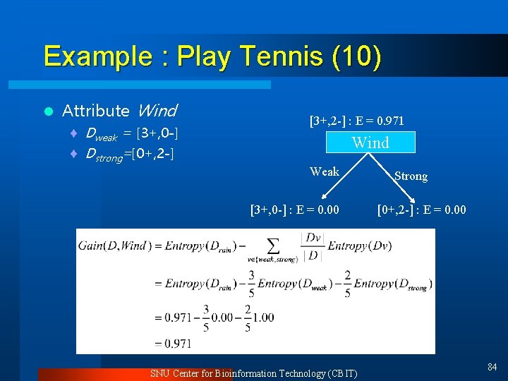 Example : Play Tennis (10) l Attribute Wind ¨ Dweak = [3+, 0 -]