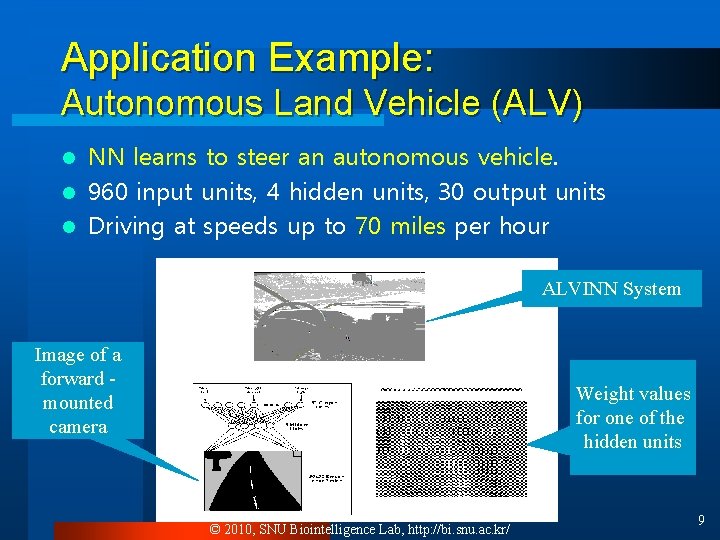 Application Example: Autonomous Land Vehicle (ALV) NN learns to steer an autonomous vehicle. l