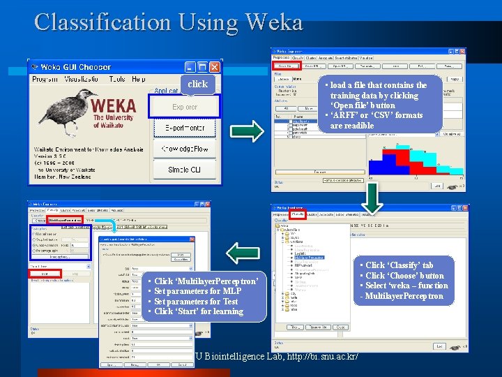 Classification Using Weka click • load a file that contains the training data by