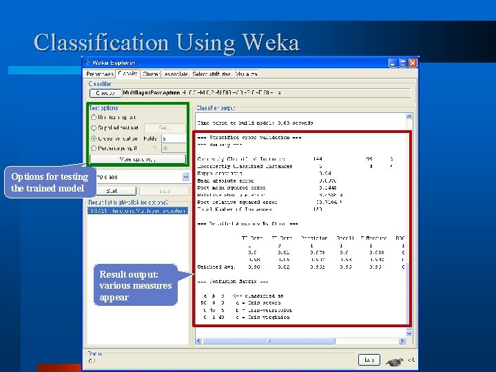 Classification Using Weka Options for testing the trained model Result output: various measures appear