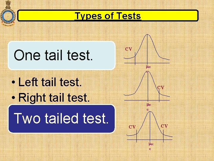 Types of Tests One tail test. CV H O • Left tail test. •