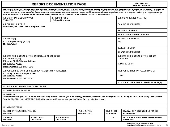 Form Approved OMB No. 0704 -0188 REPORT DOCUMENTATION PAGE Public reporting burden for this