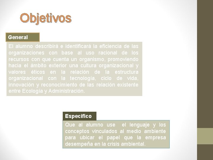 Objetivos General El alumno describirá e identificará la eficiencia de las organizaciones con base