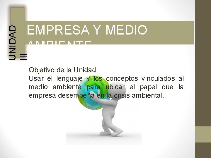 UNIDAD III EMPRESA Y MEDIO AMBIENTE Objetivo de la Unidad Usar el lenguaje y