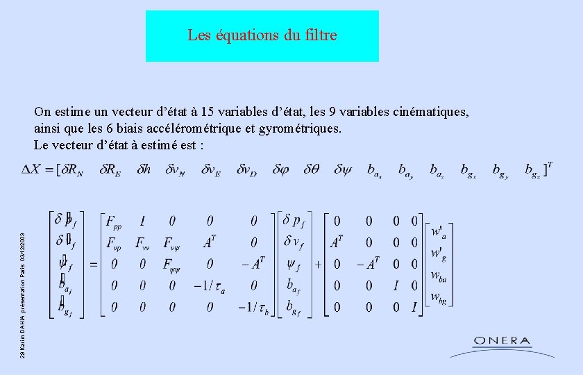 Les équations du filtre 29 Karim DAHIA présentation Paris 03/12/2003 On estime un vecteur Les équations du filtre 29 Karim DAHIA présentation Paris 03/12/2003 On estime un vecteur
