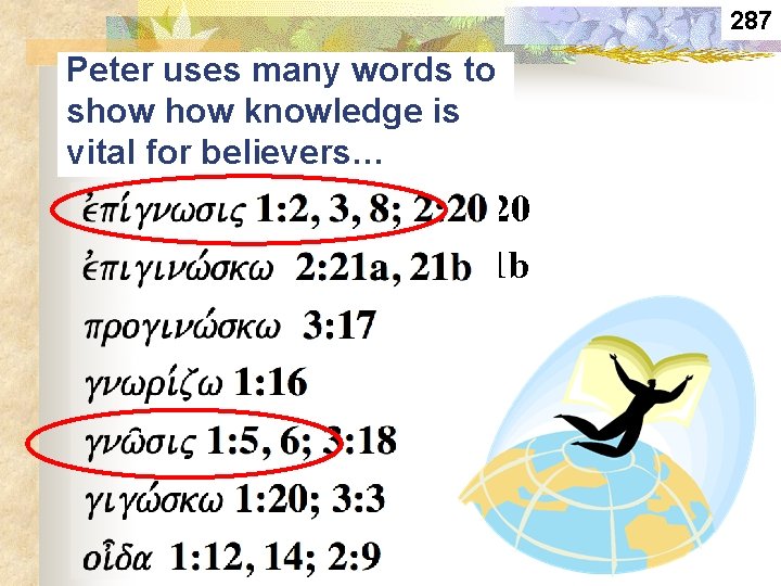 287 Peter uses many words to show knowledge is vital for believers… evpi, gnwsij