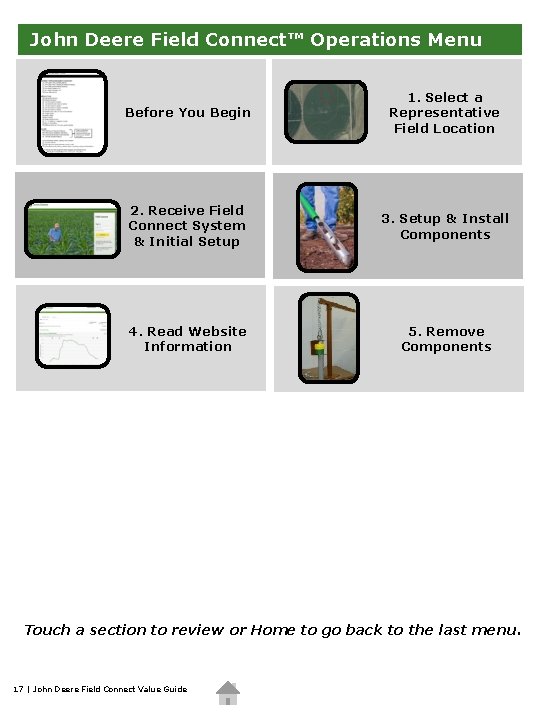  John Deere Field Connect™ Operations Menu Before You Begin 1. Select a Representative