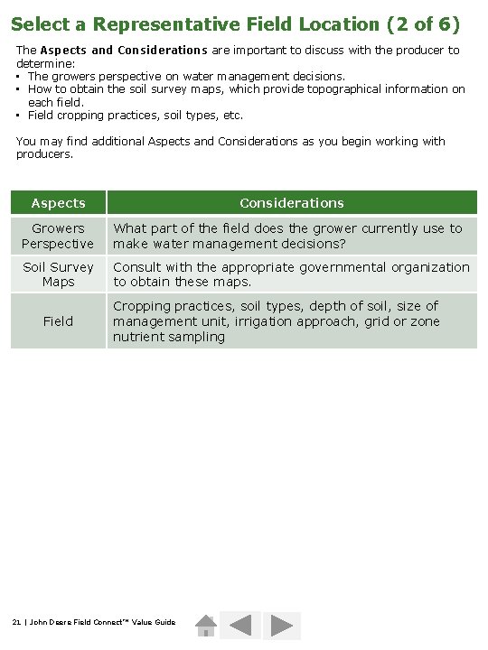 Select a Representative Field Location (2 of 6) The Aspects and Considerations are important