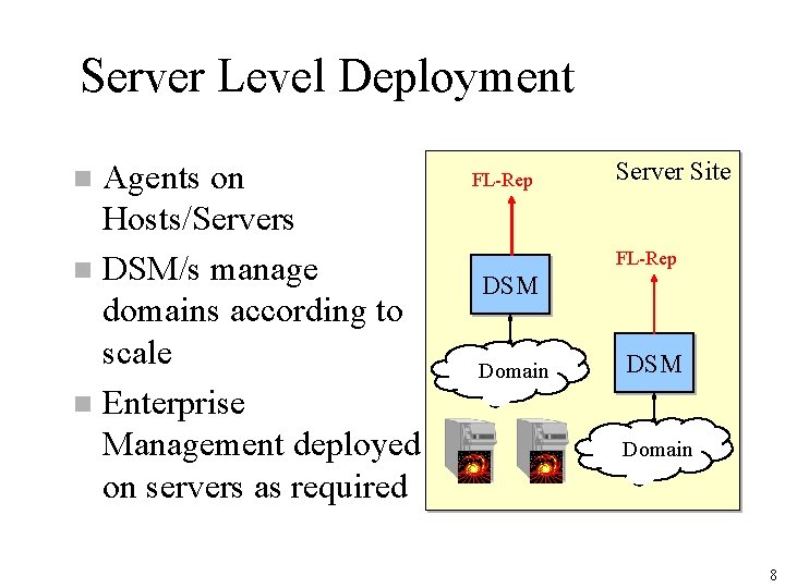 Server Level Deployment Agents on Hosts/Servers n DSM/s manage domains according to scale n